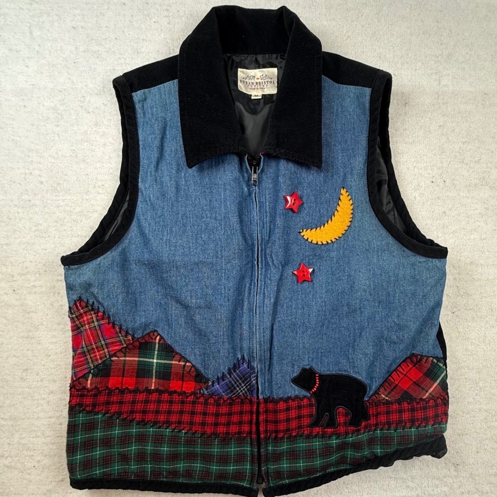 Susan Bristol Petites Patchwork Bear Moon Vest Womens M cabin folk art grandma